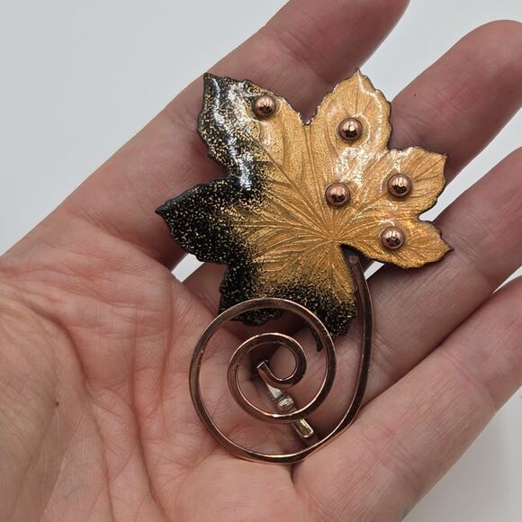 Vintage Signed Matisse Renoir Copper & Black Enamel on Copper Leaf Brooch/Pin - Picture 1 of 5